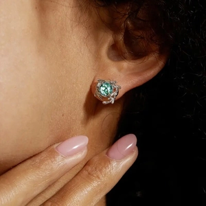 Minimalist silver vine stud earrings with natural green moss agate stone for women
