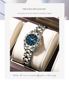 Macro detail of luxury blue dial watch with diamond accents and dual calendar display