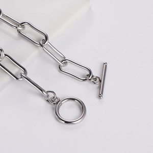Macro detail of silver stainless steel paperclip chain and OT toggle clasp closure