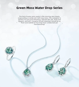 Detail of moss agate jewelry set featuring pear-shaped stones and white diamond accents