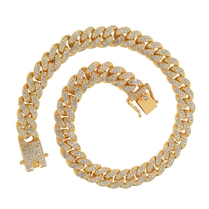 Men's hip hop gold oval link chain necklace fully iced out with sparkling crystal diamonds
