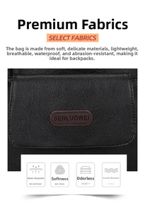 Detail of premium black PU leather bag with soft lychee texture and embossed logo plate