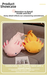 Detail of pink and yellow axolotl plush toys with unique heterochromia eye design