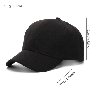 Minimalist black baseball cap with twill texture featuring 7cm brim and 12cm depth specs