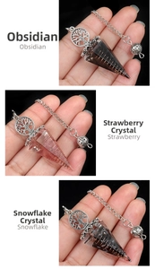 Detail of tree of life pendants in obsidian strawberry quartz and snowflake obsidian