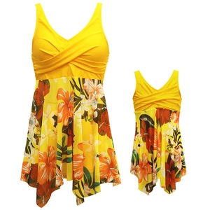 Matching yellow floral mother and daughter one-piece swimsuits with elegant ruffled skirts