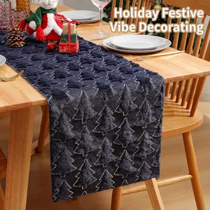 Christmas table runner with embroidered sequin trees on navy blue woven fabric