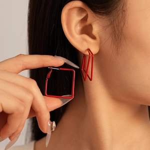 Minimalist red geometric square earrings featuring a matte painted multi-layer C-shape design