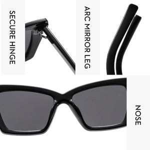 Detalle de bisagras seguras, patillas curvas y almohadillas nasales en gafas de sol de moda