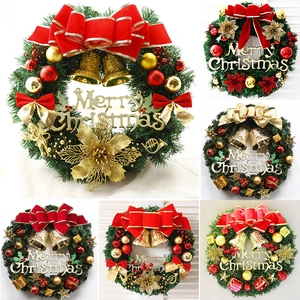 Artificial Christmas Wreath Green Pine Needle Decoration With Red Bow And Gold Bells For Front Door Home Holiday