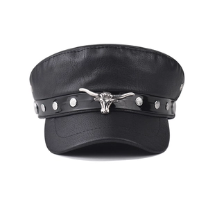 Black PU leather flat top military cap with silver bull head metal and punk rivets