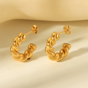 Stainless Steel Twisted Hoop Earrings C Shape Croissant Textured Elegant Fashionable Jewelry Gift For Women