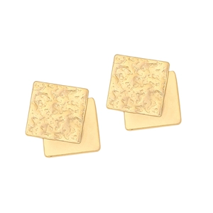 Irregular gold square stud earrings with layered hammer texture and mirror finish metal