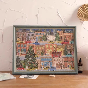 Vintage European oil painting frame featuring a cozy winter city snow scene puzzle