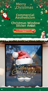 Detailed view of red Santa hat and Merry Christmas glass window stickers for holidays
