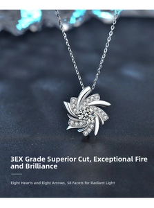 Macro shot of silver windmill pendant featuring brilliant-cut moissanite on cross chain