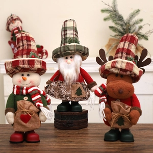Christmas Standing Figurine Ornament Burlap Plush Santa Snowman Reindeer Plaid Tall Hat Holiday Home Decor Statuette
