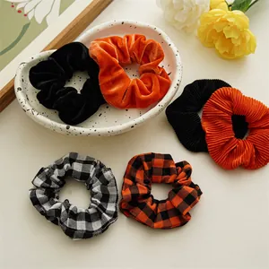 Scrunchies Halloween Pumpkin Orange Black Velvet Plaid Pleated Fabric Elastic Hair Ties Autumn Accessories For Women