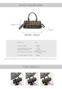 Detailed size chart and dimensions for leopard print PU leather crossbody bag in three colors