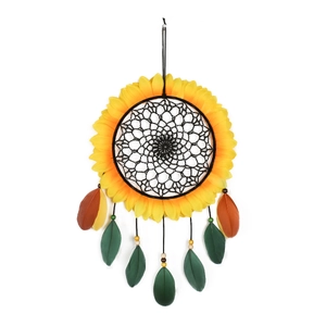 Handmade sunflower dream catcher with yellow petals and natural green hanging feathers