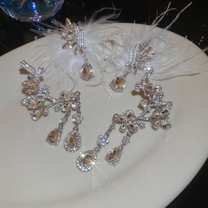 Detailed view of silver butterfly earrings with sparkling crystals and elegant water drop gems