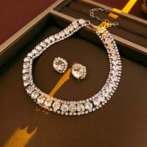 Luxury rhinestone square necklace and stud earring set with silver finish in display box