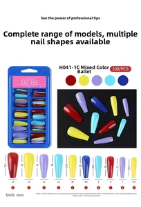 Size chart showing 10 models of ballerina fake nails with length and width in millimeters