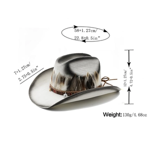 Detailed dimensions of Western straw cowboy hat with feather trim and 58cm head circumference