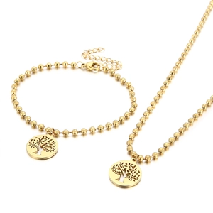 Set di gioielli dorati con ciondoli Albero della Vita su collana a sfere e bracciale