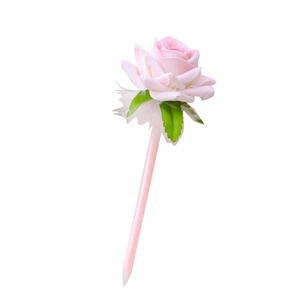 Pink artificial rose pen with fabric flower and feathers for creative teacher gifts