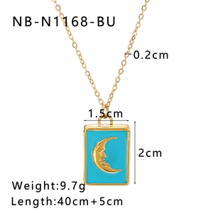 Detail view of sky blue book pendant necklace with moon relief and product dimensions