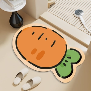 Carrot-shaped anti-slip bathroom mat with orange and green patterns on beige floor