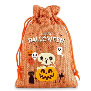 Halloween burlap drawstring gift bag in orange with Happy Halloween print on white background