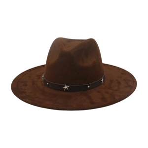 Vintage Faux Suede Wide Brim Fedora Hat With Star Studded Leather Belt Western Cowboy Style Jazz Cap For Women Men