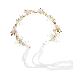 Couronne florale princesse pour filles avec perles roses et blanches sur fil doré