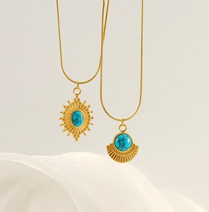 Collier en acier inoxydable turquoise vintage pendentif soleil chic niche chaîne clavicule