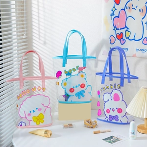 Large Capacity Transparent PVC Cartoon Print Handbag Waterproof Jelly Bucket Bag For Women Beach Travel Makeup Storage