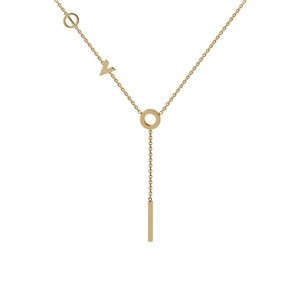 Minimalist gold Y-shaped titanium steel necklace with LOVE letters on white background