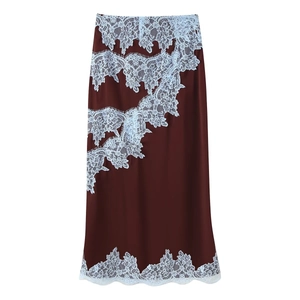 Deep burgundy satin maxi skirt with light blue lace patchwork and ruffled hemline