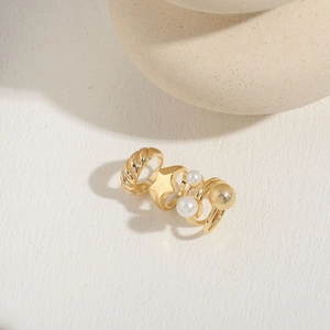 Minimalist 14K gold plated geometric ring set with elegant pearls and textured accents