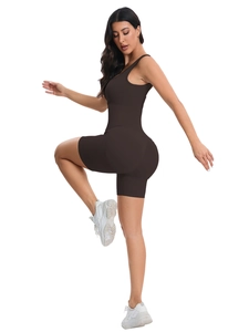 Close-up of deep brown ribbed texture on a seamless athletic yoga bodysuit