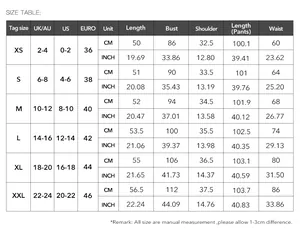 Detailed size chart for solid color vest and wide leg pants set showing UK US EU measurements