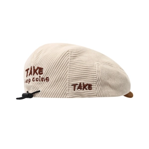 Verstelbare beige corduroy baret voor jongens met TAKE-borduurwerk en trekkoord