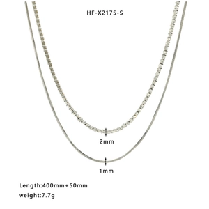 Collier double rang argenté avec chaîne tennis 2mm et chaîne serpent 1mm, 400mm
