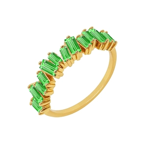 Elegant gold ring featuring a row of rectangular emerald-green zircons on white background