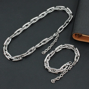 Detailed view of silver titanium steel necklace and bracelet set with rectangular links