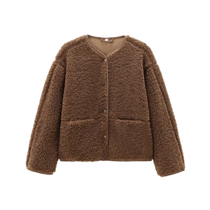 Women's warm teddy fleece button-up jacket in brown with minimalist round neck design
