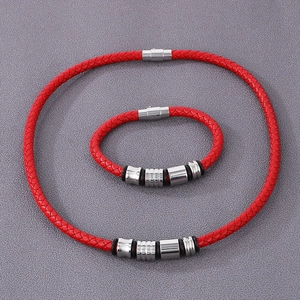 Red braided leather cord jewelry set with stainless steel magnetic clasps for men