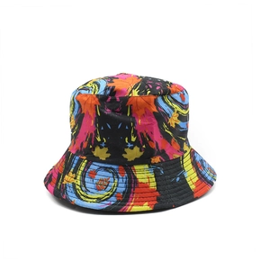 Double-sided tie-dye bucket hat with colorful maple leaf and abstract graffiti patterns