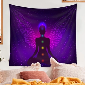 Detail of meditation tapestry with seven chakra symbols and starry space background
